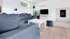 A modern living room with a grey sectional sofa, a white coffee table, a flat-screen TV, a fireplace, and a painting on the wall. - 5 Star Holiday Home in Vig (Vig)