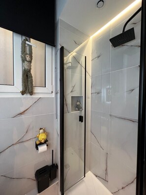 Dusche, Haartrockner, Handtücher, Toilettenpapier