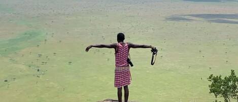 A person standing on a rock with arms outstretched, overlooking a vast landscape.