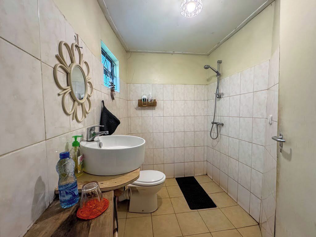 Une salle de bain avec un lavabo, des toilettes et une douche.