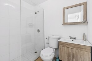 Hair dryer, towels, soap, toilet paper