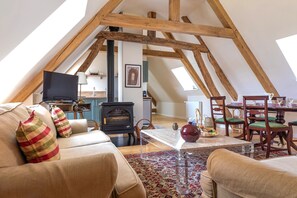 Smart TV, chimenea y libros 