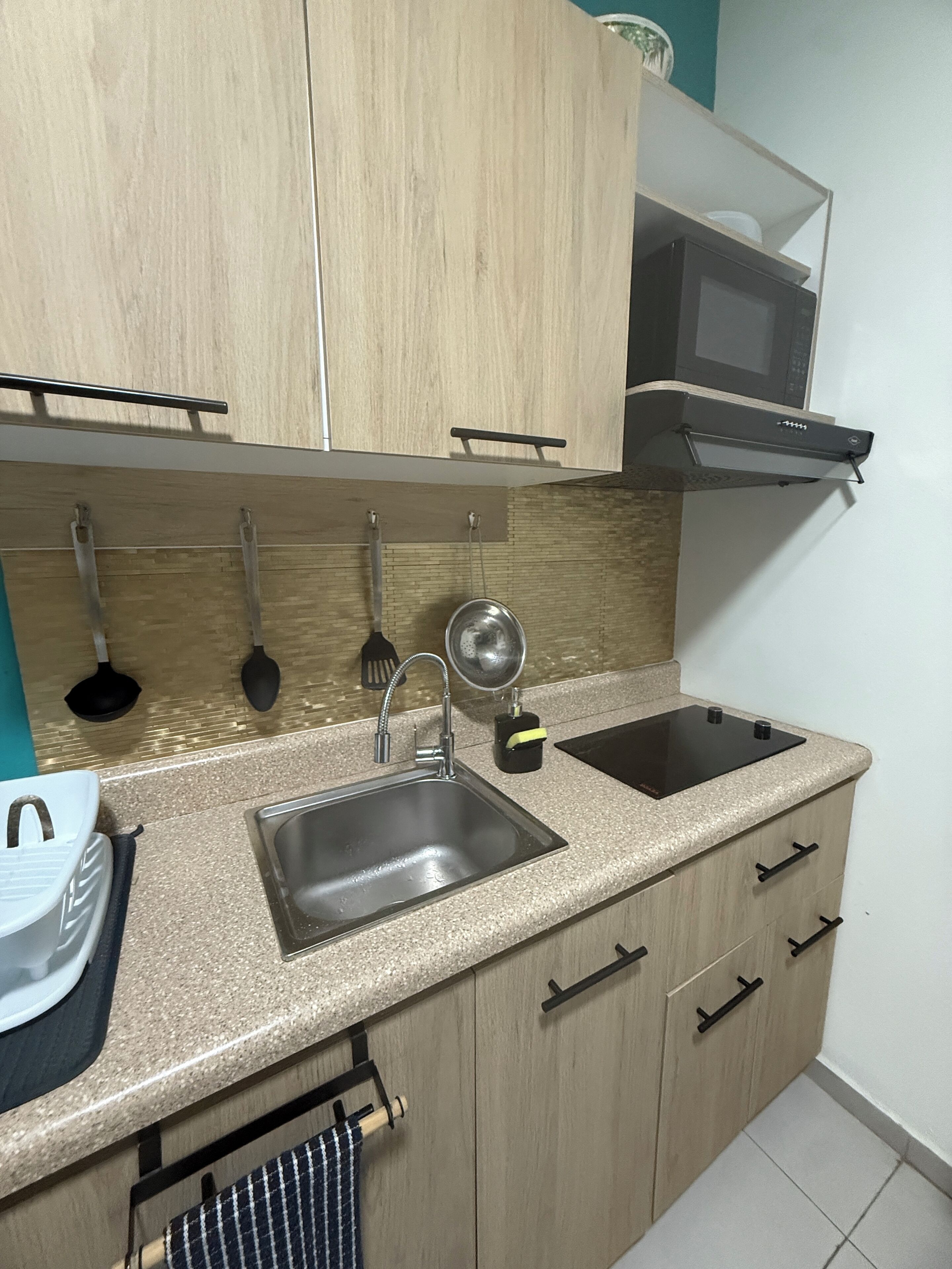 Kühlschrank, Mikrowelle, Herdplatte, Wasserkocher mit Kaffee-/Teezubehör