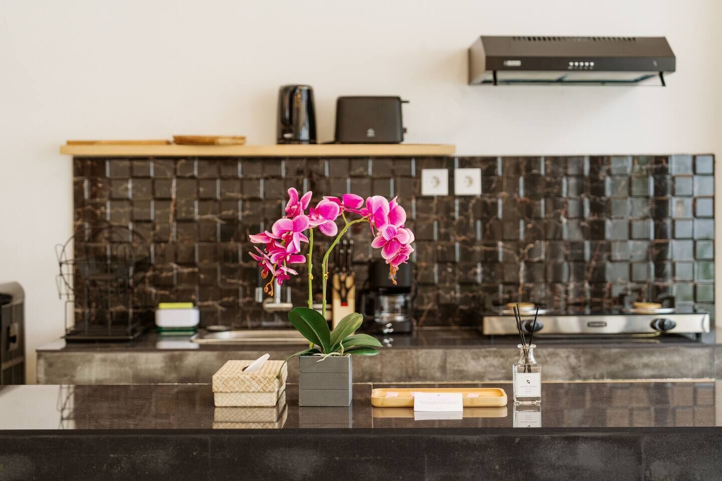 Fridge, microwave, stovetop, coffee/tea maker