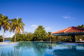 A clear blue swimming pool surrounded by palm trees and a covered area with a red roof.