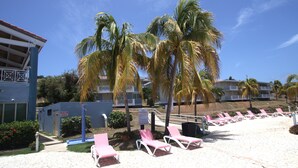 Un hotel frente a la playa con palmeras, sillas de descanso y un cielo azul despejado.