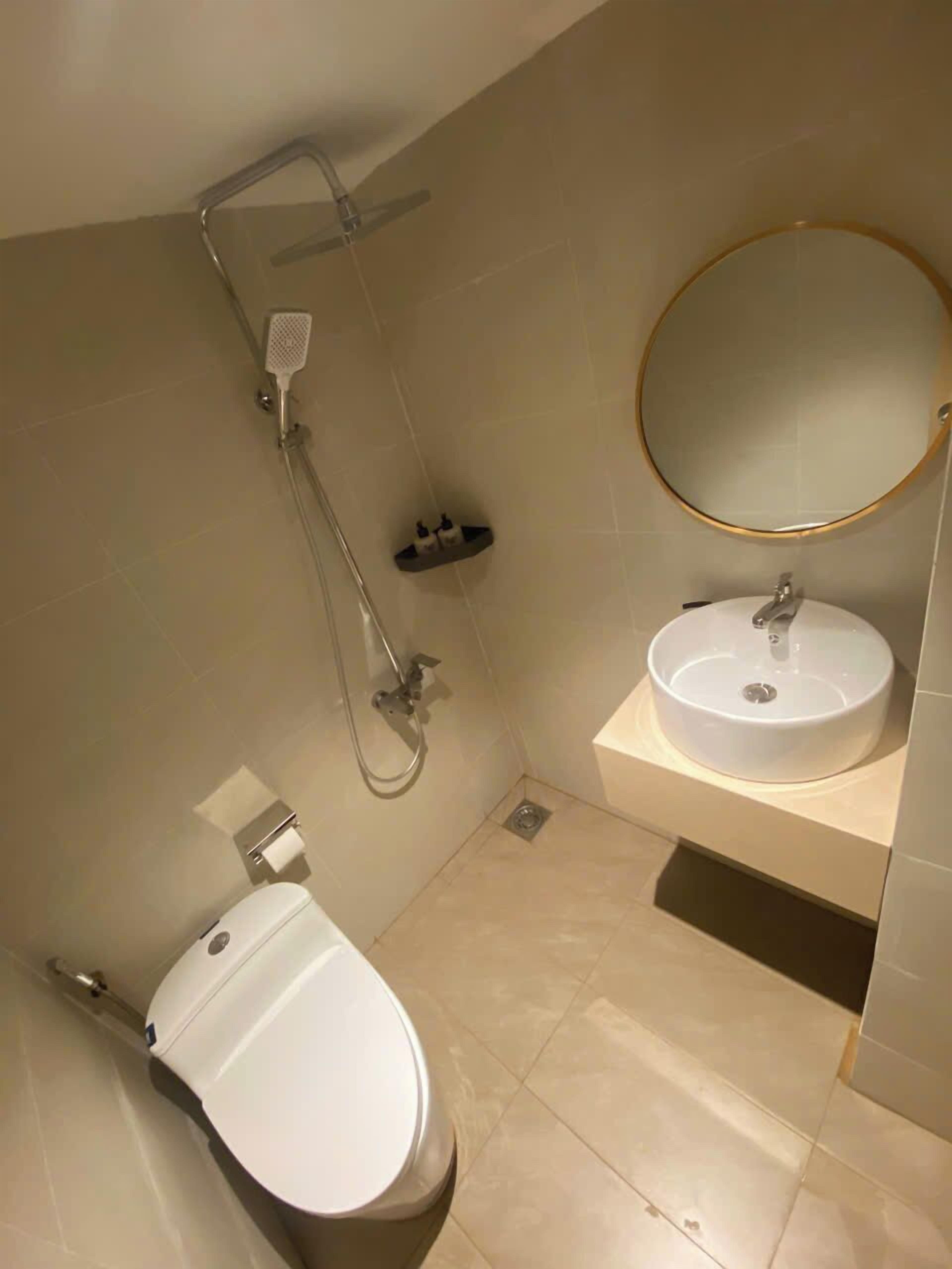 Hair dryer, slippers, towels, soap