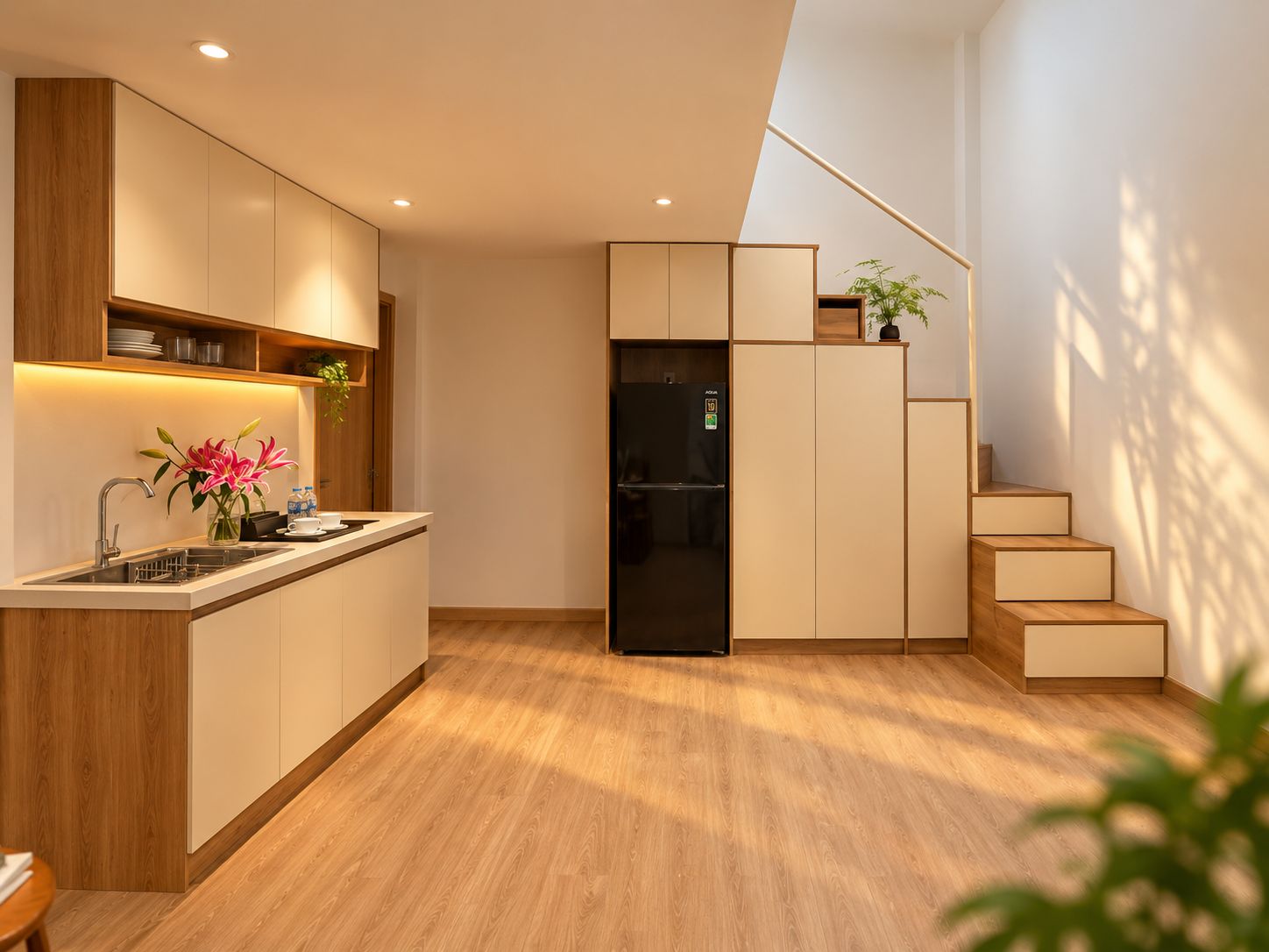 A modern kitchen with wooden cabinets, a black refrigerator, and a built-in oven.