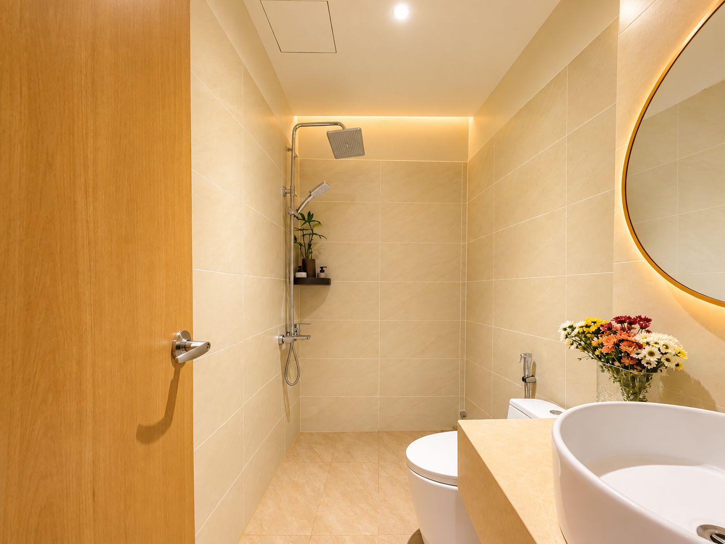 Une salle de bain avec douche, toilettes et lavabo.