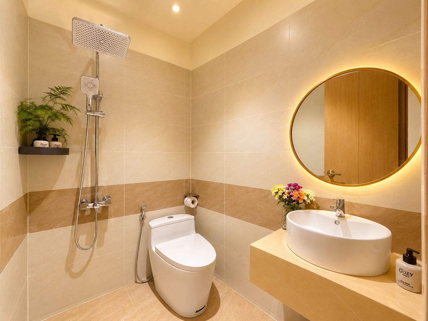 A modern bathroom with a shower, toilet, and two sinks with mirrors.