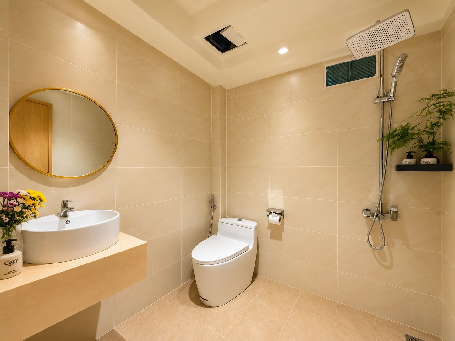 Une salle de bain moderne avec un grand miroir rond, un lavabo, des toilettes et une douche.