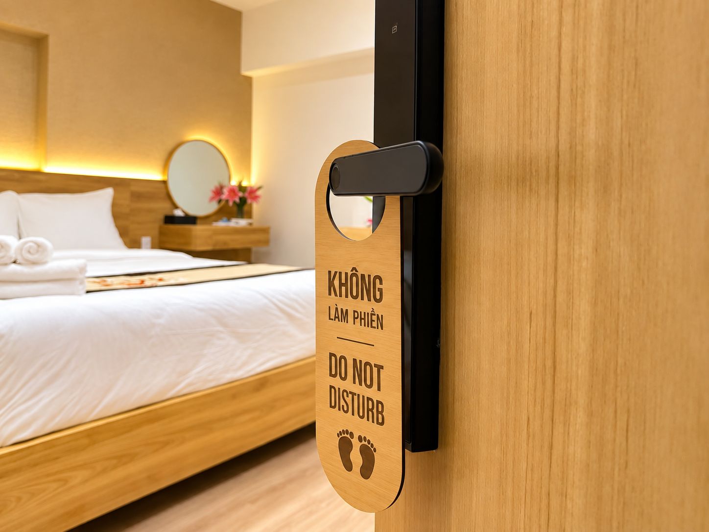 Una camera d'albergo con un letto, un comodino, uno specchio e una porta in legno con un cartello che recita 'KHÔNG LỄM PHIÊN DO NOT DISTURB' e un simbolo di impronta.