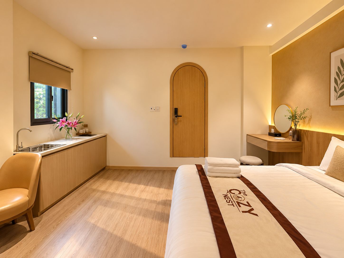 Una habitación de hotel con una cama, un escritorio, una silla, una ventana y una puerta.
