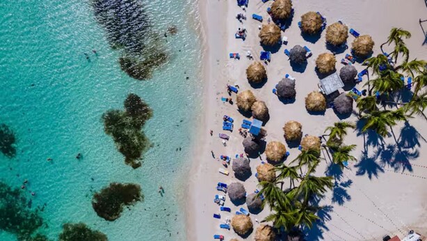 Vista aérea de una playa con agua turquesa cristalina, sombrillas de paja y palmeras.