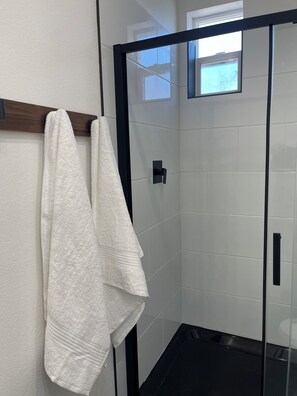Shower, hair dryer, bidet, towels