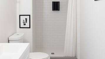 Hair dryer, towels, soap, toilet paper