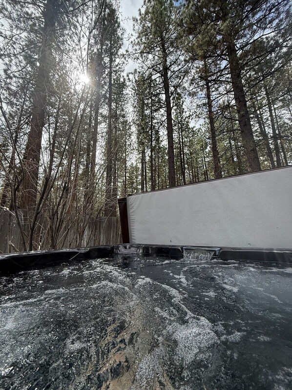 A rooftop with a metal surface, surrounded by tall trees and a clear sky. - The Hideaway Big Bear (Big Bear Lake)