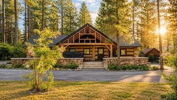 A log cabin with a stone foundation, surrounded by a forest.