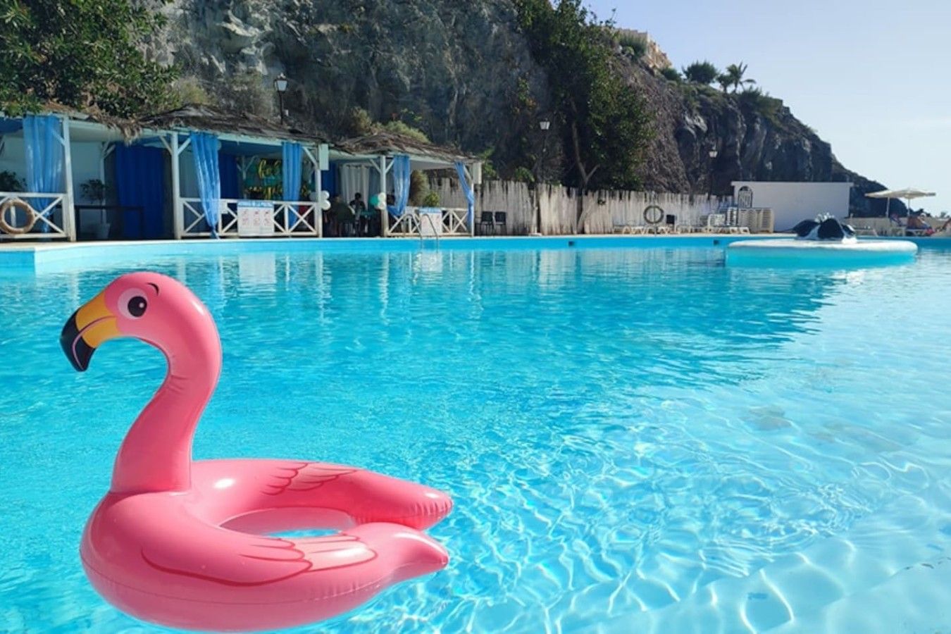 A swimming pool with a pink flamingo float and a wooden deck area with umbrellas.