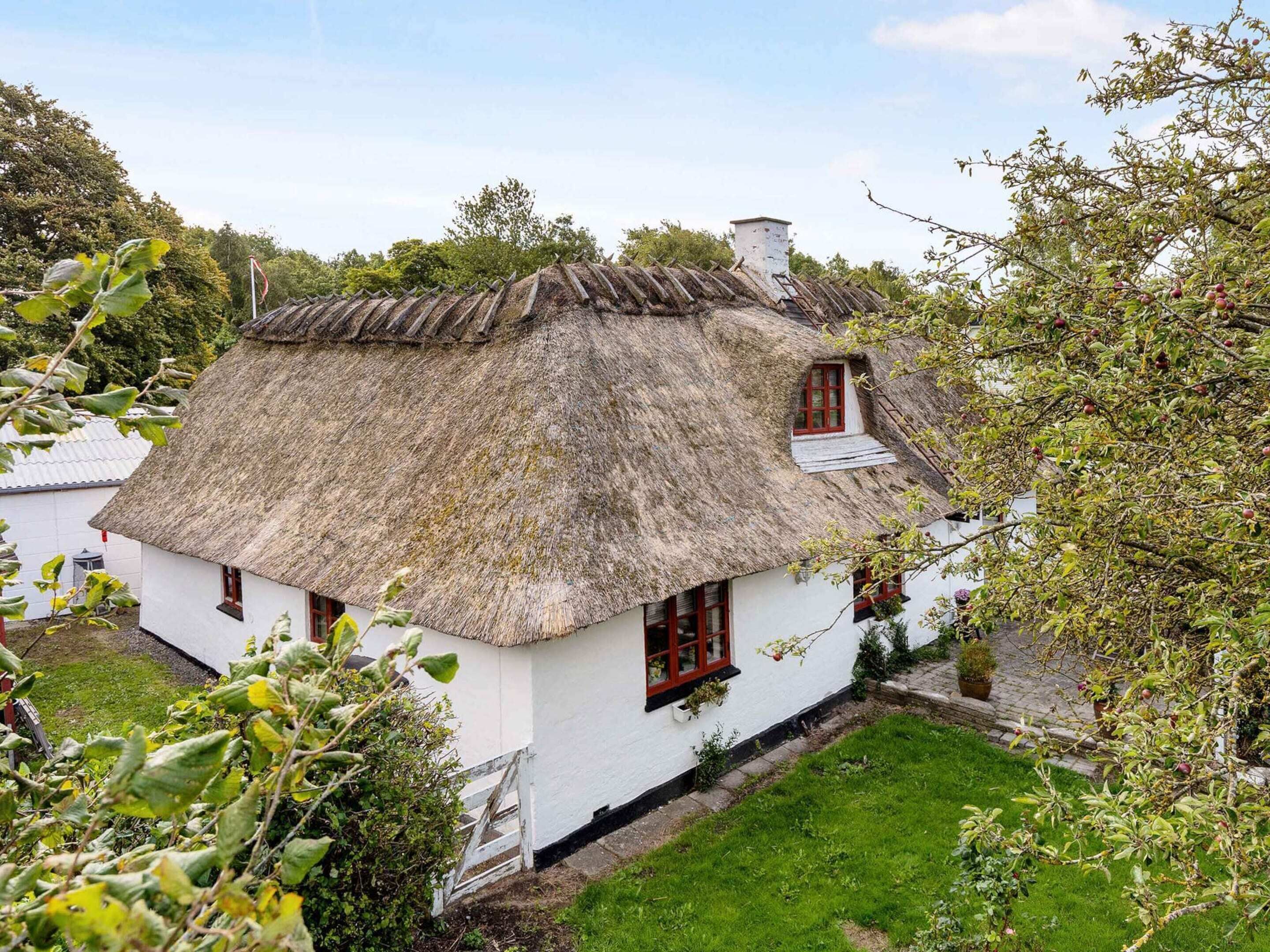 Uma casa tradicional com telhado de palha, paredes brancas e molduras de janelas vermelhas, cercada por vegetação e árvores.