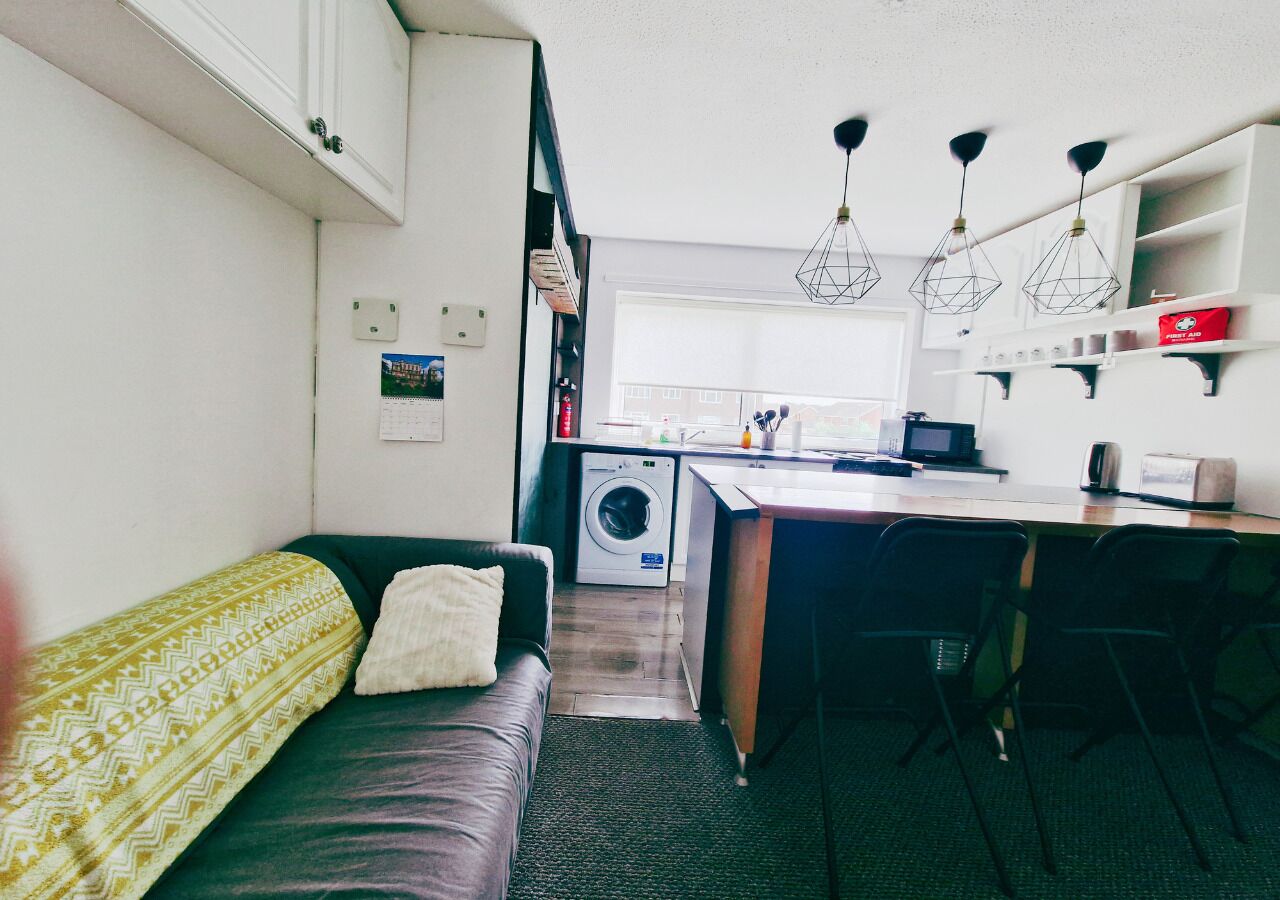A compact living space with a kitchenette, a washing machine, a sofa, and a dining area.