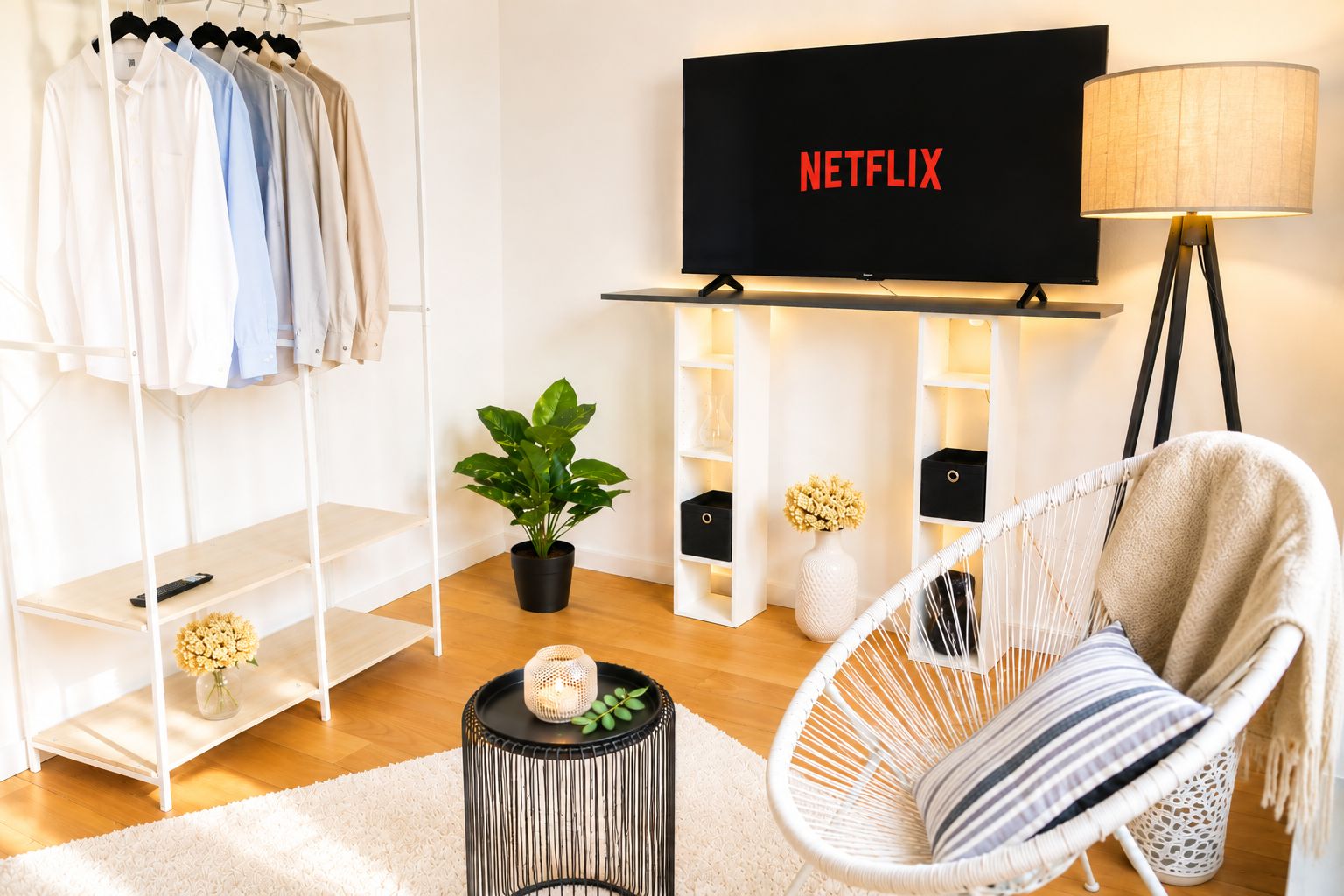 A modern living room with a television displaying 'NETFLIX,' a white chair, a small table with a candle, a plant, and a clothing rack.