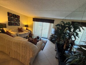 A living room with a sofa, a coffee table, a TV, and a large plant.