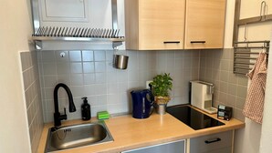 Et køkken med en stålvask, træskabe, kaffemaskine og en potteplante.