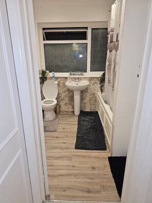 Hair dryer, towels, soap, toilet paper