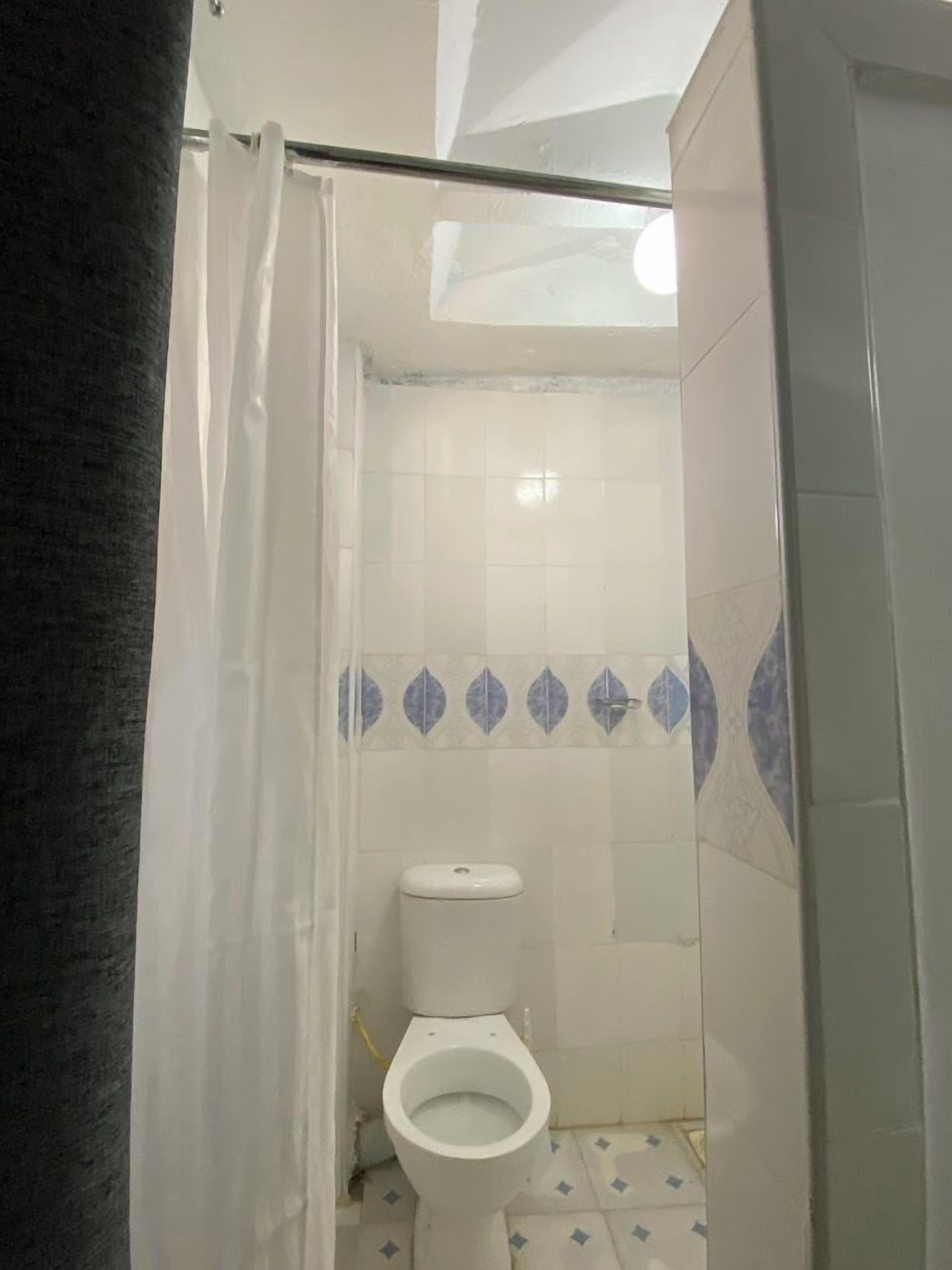 A small, tiled bathroom with a toilet, a shower curtain, and patterned tiles on the walls.