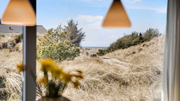 A view through a window with a vase of yellow flowers on a table. - 5 Star Holiday Home in Pandrup (Pandrup)