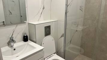 Shower, towels, soap, toilet paper