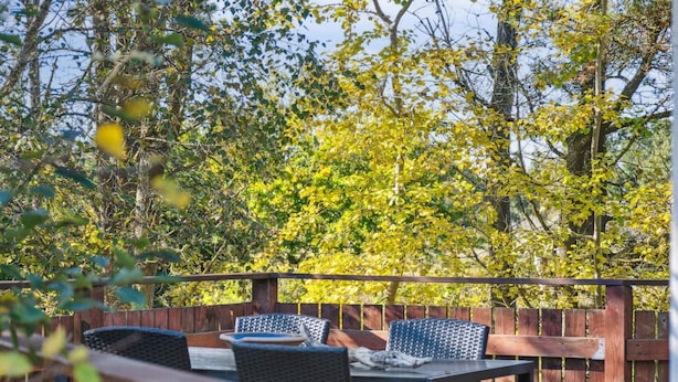 An outdoor patio with a wooden deck, wicker furniture, and a view of trees. - 5 Star Holiday Home in Saeby (Ronde)