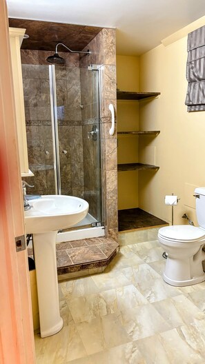 Hair dryer, towels, soap, toilet paper