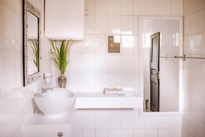 Shower, towels, soap, toilet paper