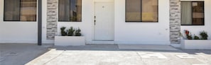 A modern house with a white door, stone facade, and small planters with shrubs.