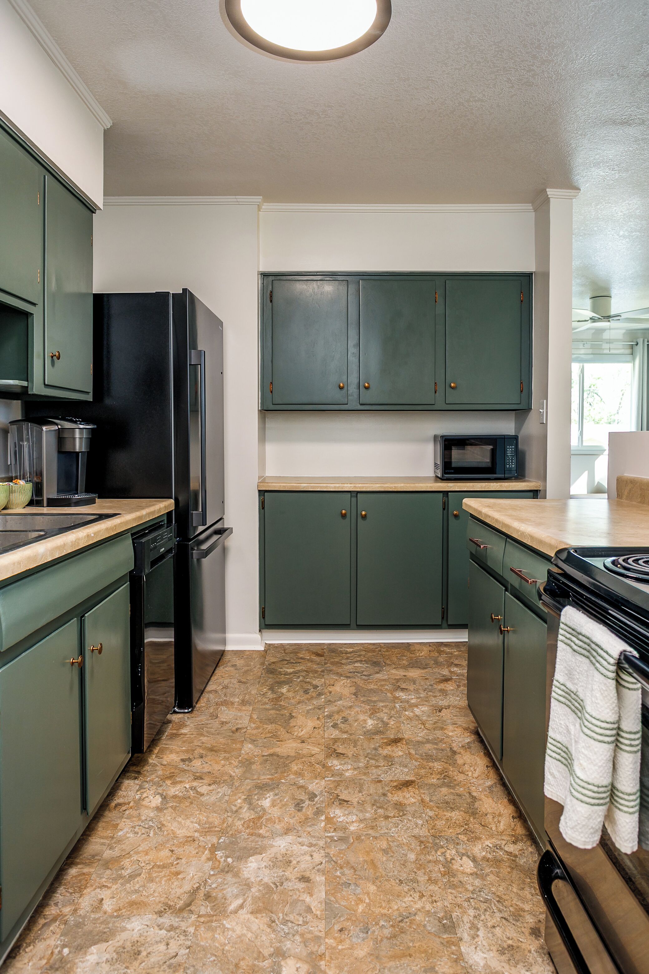 Une cuisine avec des meubles de couleur verte, un réfrigérateur noir, un four à micro-ondes et une cuisinière.