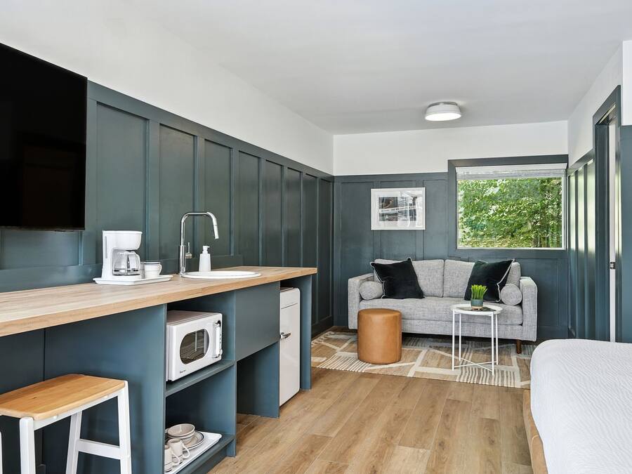 A compact room with a kitchenette, a sofa, a bed, and a window with a view of greenery.