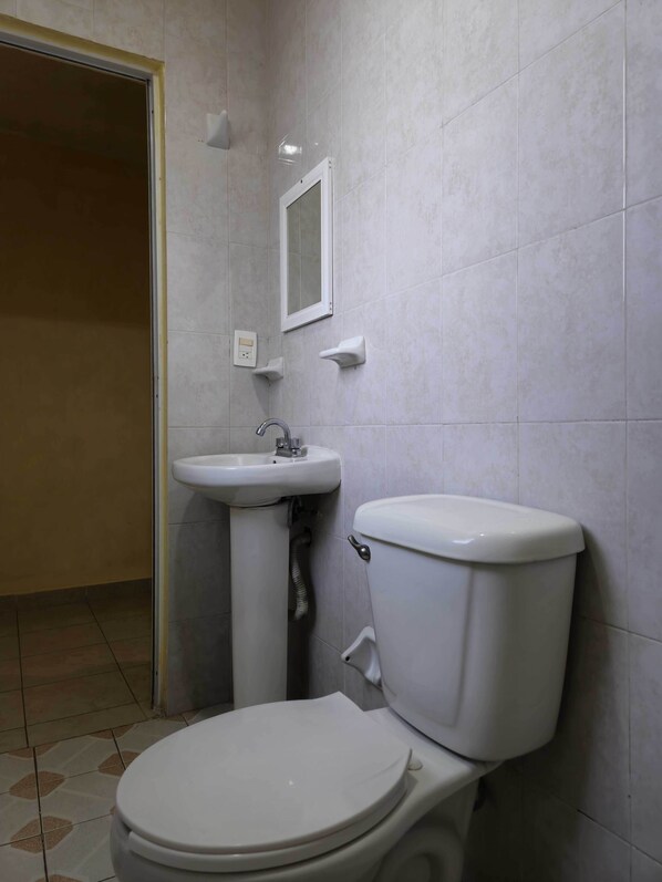A bathroom with a toilet, sink, and mirror. - Hotel San Jose (Tepeaca)