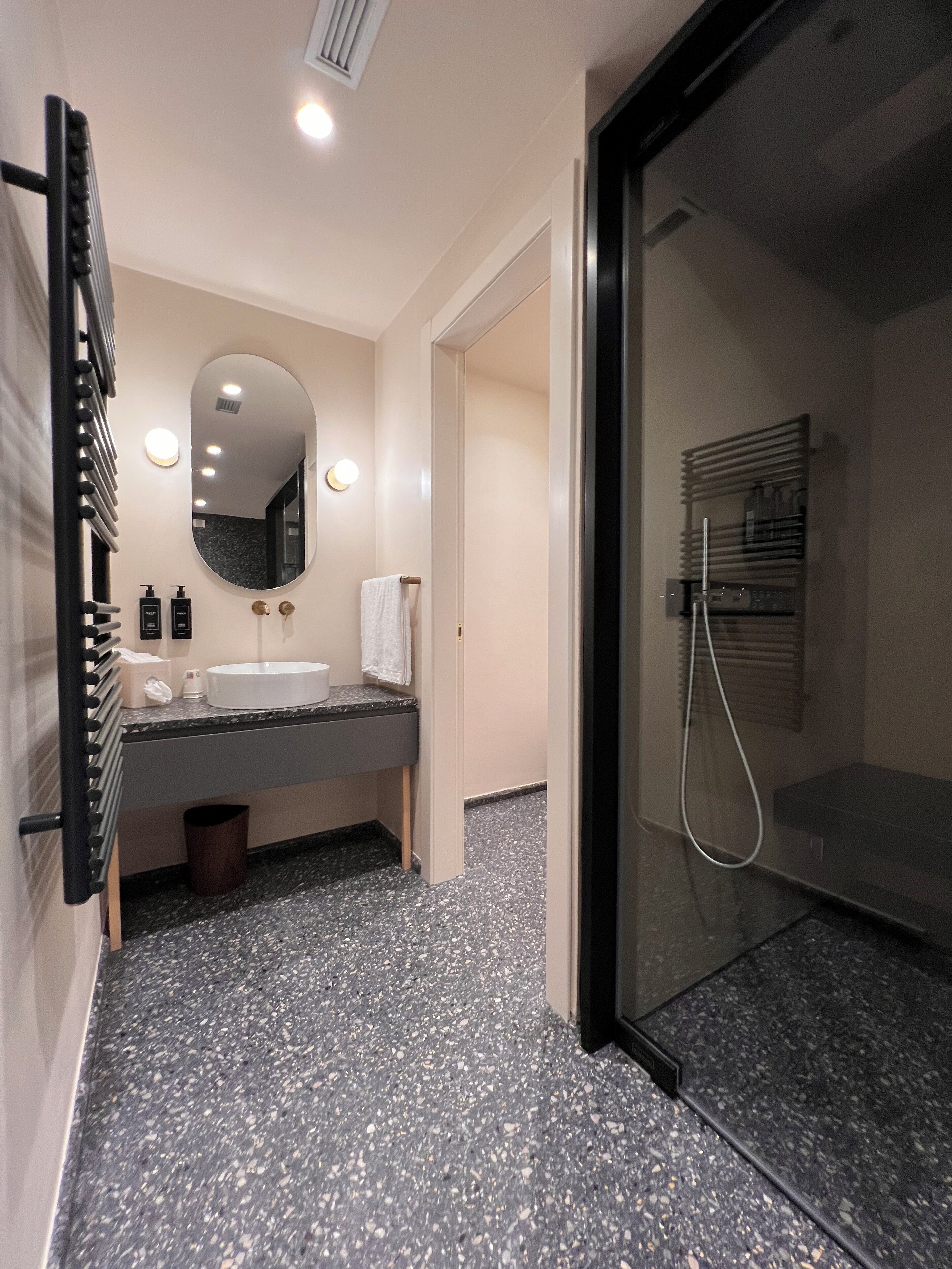Une salle de bain moderne dotée d’un plan de toilette en granit, d’un grand miroir, d’une cabine de douche en verre et d’un porte-serviettes intégré.