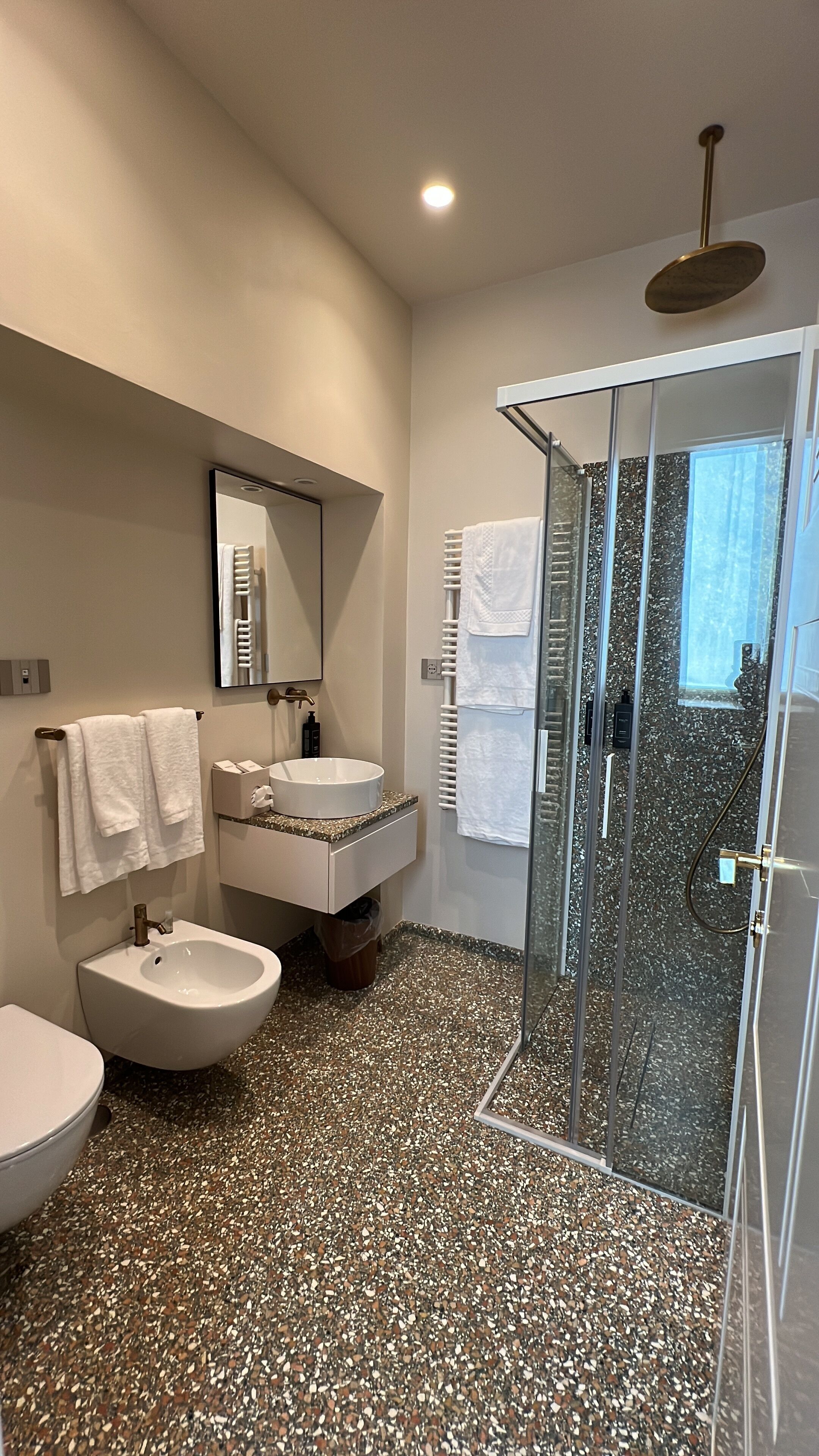 A modern bathroom with a glass shower enclosure, a white sink, and a toilet.