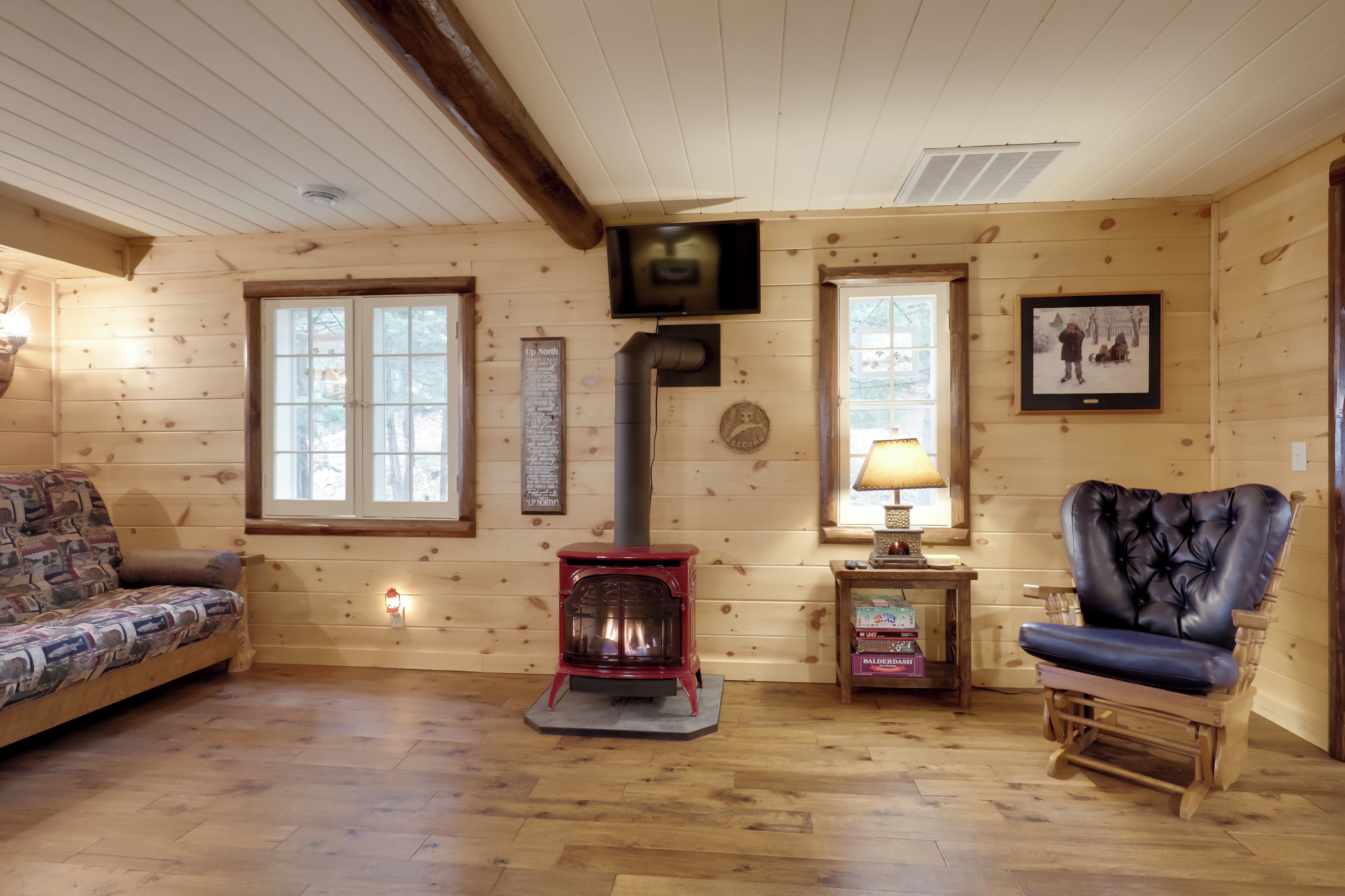 TV, fireplace, books