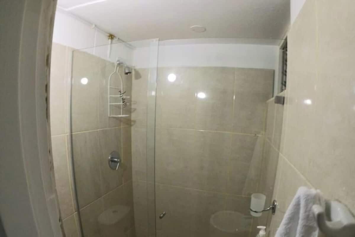 A modern bathroom with a glass-enclosed shower, a toilet, and a sink.