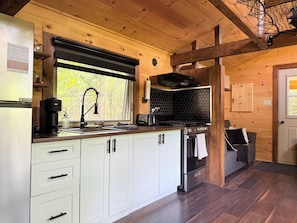 Kühlschrank, Ofen, Herdplatte, Wasserkocher mit Kaffee-/Teezubehör