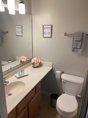 Shower, hair dryer, towels, toilet paper
