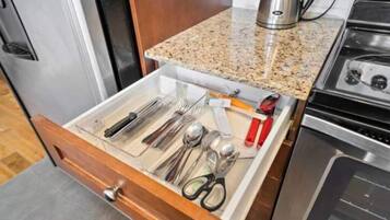 Comfort Apartment | Private kitchen | Full-size fridge, microwave, oven, stovetop