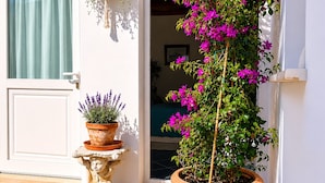 A courtyard with potted plants, a stone floor, and a white building with a door and window. - Byzantine Villa (Ravenna)