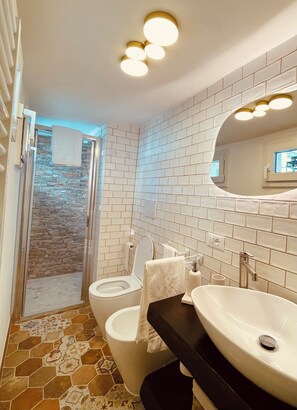 Shower, hair dryer, bidet, towels