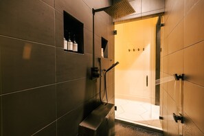 Shower, eco-friendly toiletries, hair dryer, towels
