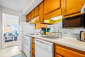 Fridge, microwave, oven, stovetop - Ocean-view condo with beach access, pool, sports courts, & private balcony (Atlantic Beach)